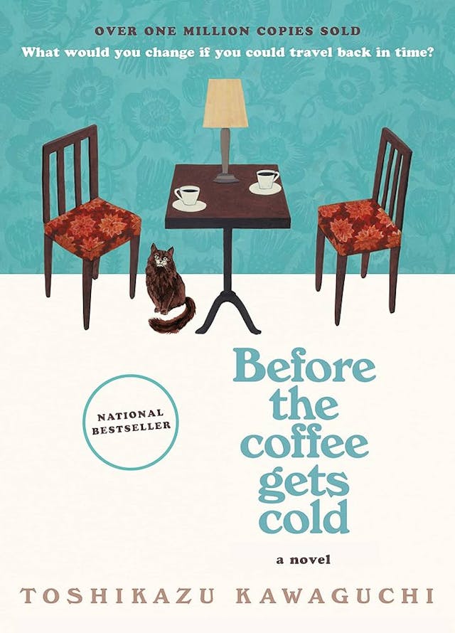 Before the Coffee Gets Cold by Toshikazu Kawaguchi cover where a teal fleur patterned wall occupies the top half of the space with 2 patterned wooden chairs sandwich a grey cat sitting under a dark brown wooden table that holds 2 cups and sauces filled with black coffee as well as a small lamp between the coffees