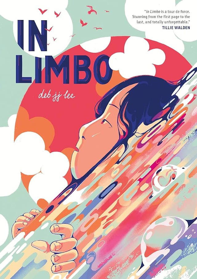 In Limbo by Deb JJ Lee book cover which features a young girl with monolided eyes whose face emerges from a pool of blue, orange, teal, purple, pink colored water with a red sun and blue skies in the background