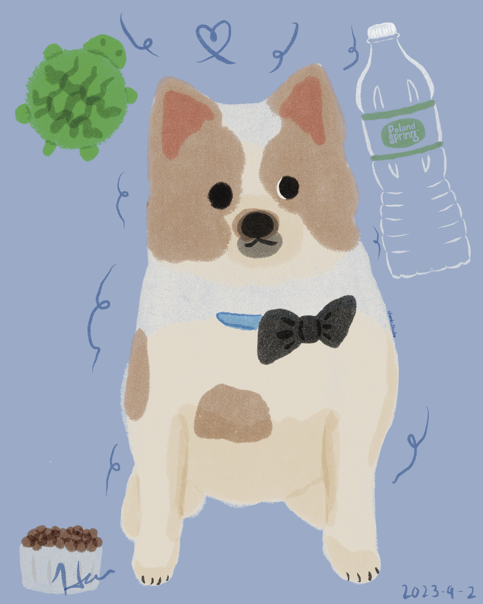 Risography style art print drawn by Hue of a pomeranian with food, a turtle toy, and a water bottle.