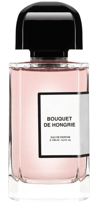 A bottle of BDK, Bouquet de Hongrie. A rectangular glass bottle with a black squercle cap and pink purfume