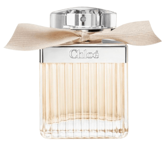 A bottle of Chloe, EDP. A rectangular, ribbed glass bottle with a chrome spray, clear oval cap, and cream bow