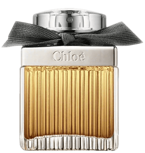 A bottle of Chloe, Intense. A rectangular, ribbed glass bottle with a chrome spray, clear oval cap, and black bow