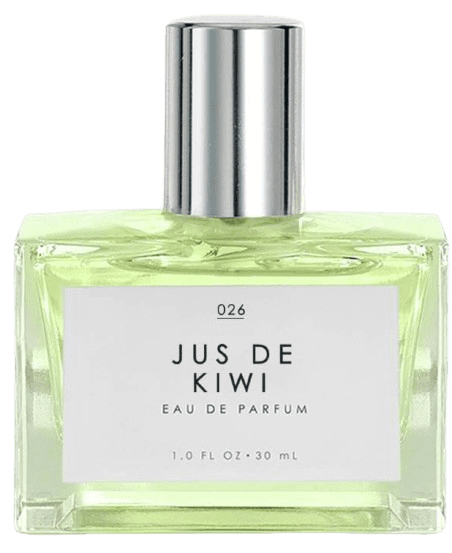 A bottle of Le Monde Gourmand, Jus de Kiwi. A rectangular glass bottle with a chrome cap and light green purfume