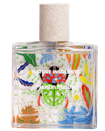 A bottle of Maison Matine, Nature Insolente. A rectangular glass bottle with a chrome cap and illustration of a colorful beetle on the back