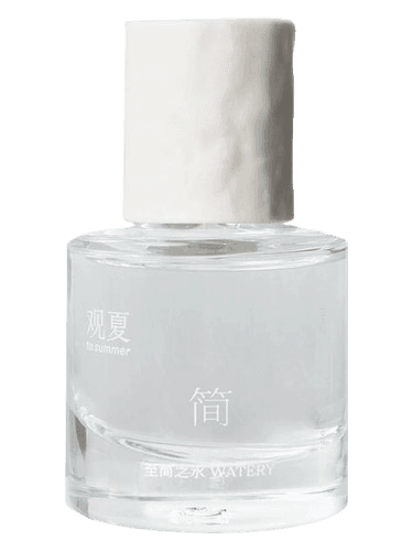 A bottle of To Summer, Watery. A clear cylinder with a white faux rock cap