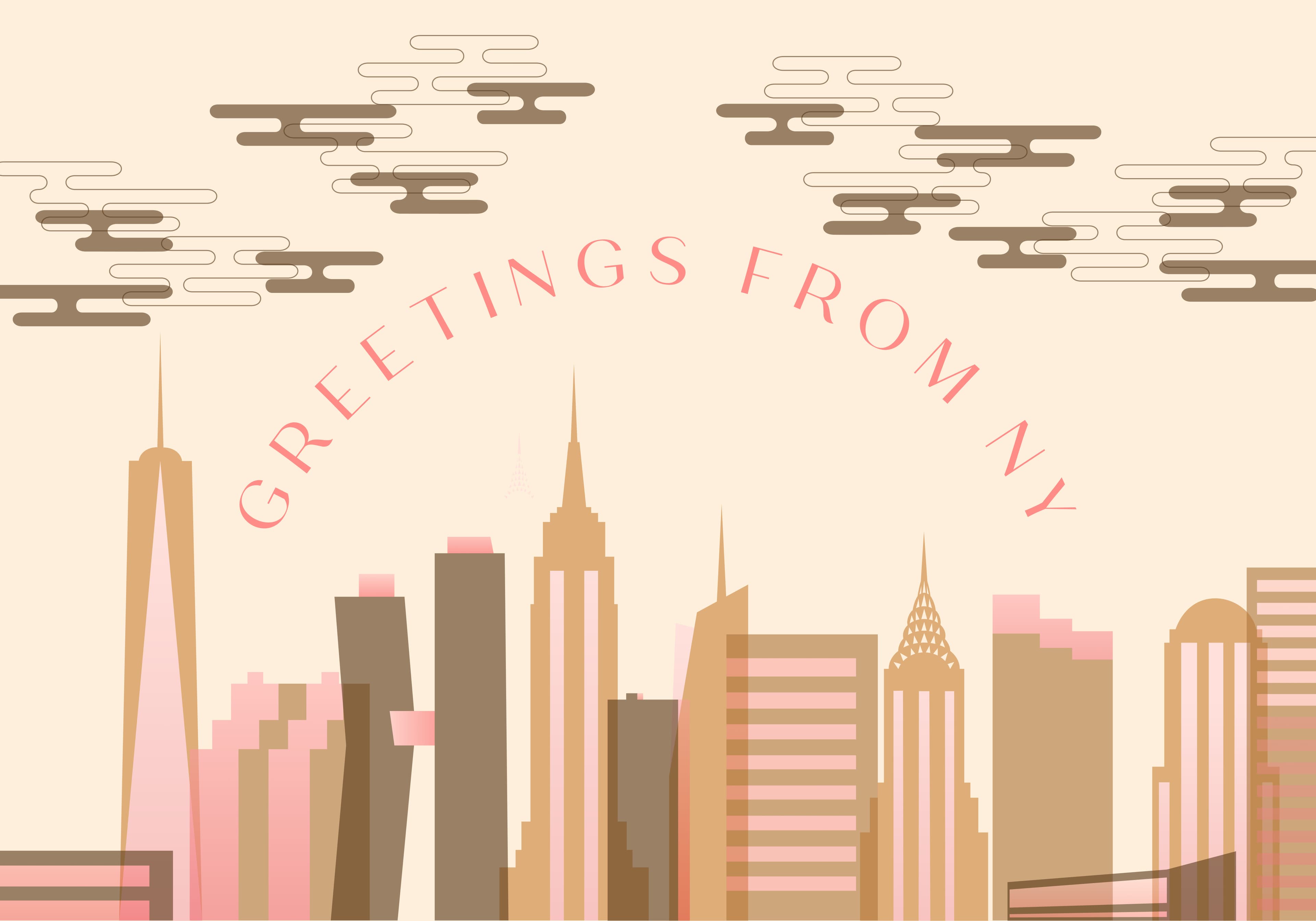 Brown and pink slightly opaque cityscape of famous NYC buildings as seen from Queens with the text, Greetings from NY